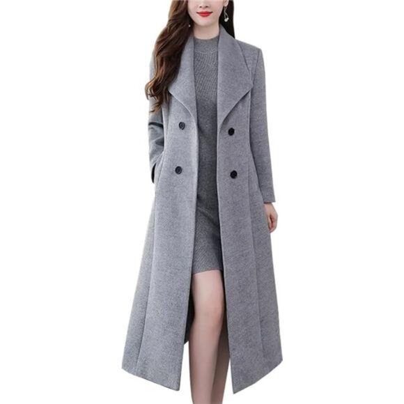 Womens Shawl Collar Long Wool Coats Grey - Picture 1 of 7
